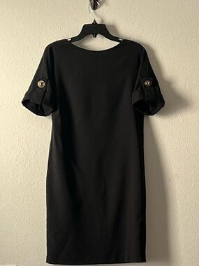 Badgley Mischka Elegant Black Midi Dress with Gold Button Sleeves, Size 0